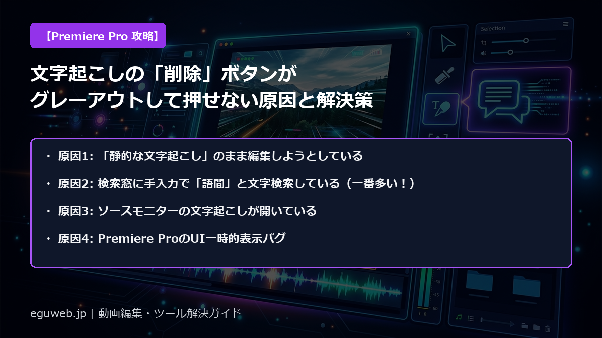 Premiere Pro 文字起こし 削除ボタン グレーアウト