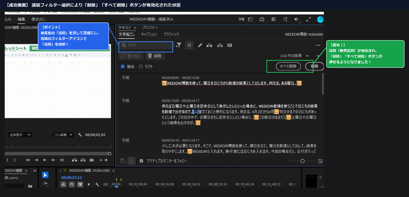 Premiere Pro 文字起こし 語間フィルター成功画面 削除ボタン有効化